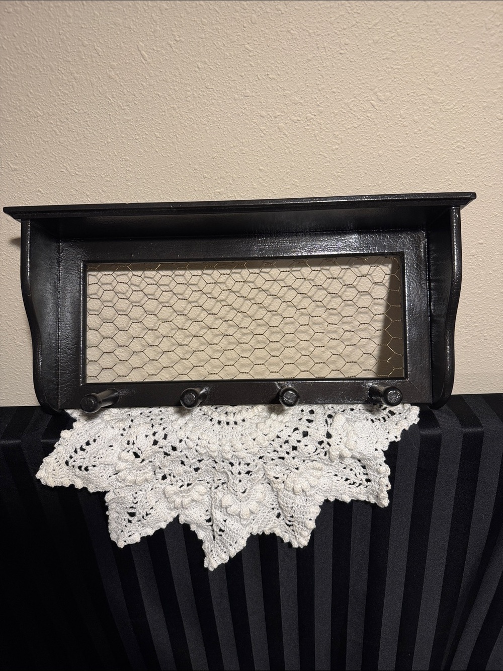 Rustic Black Wall Shelf with Chicken Wire and Hooks